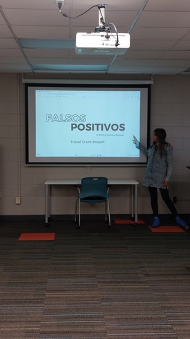 A woman presenting before a projection screen in a classroom