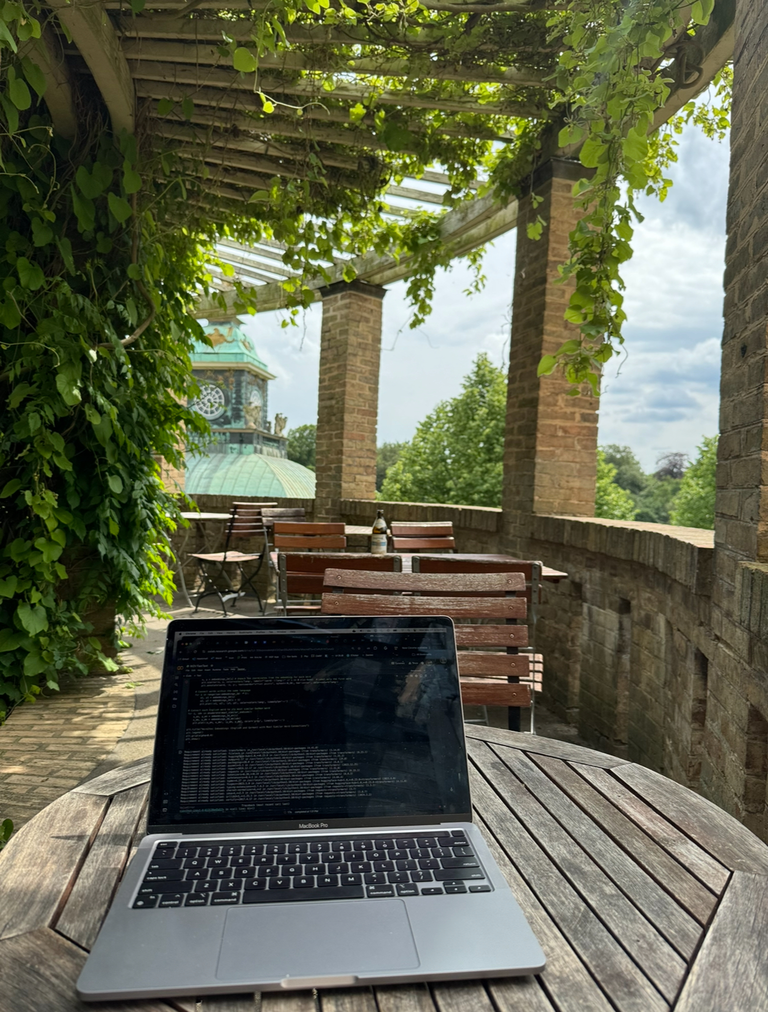 laptop work on an outdoor balcony