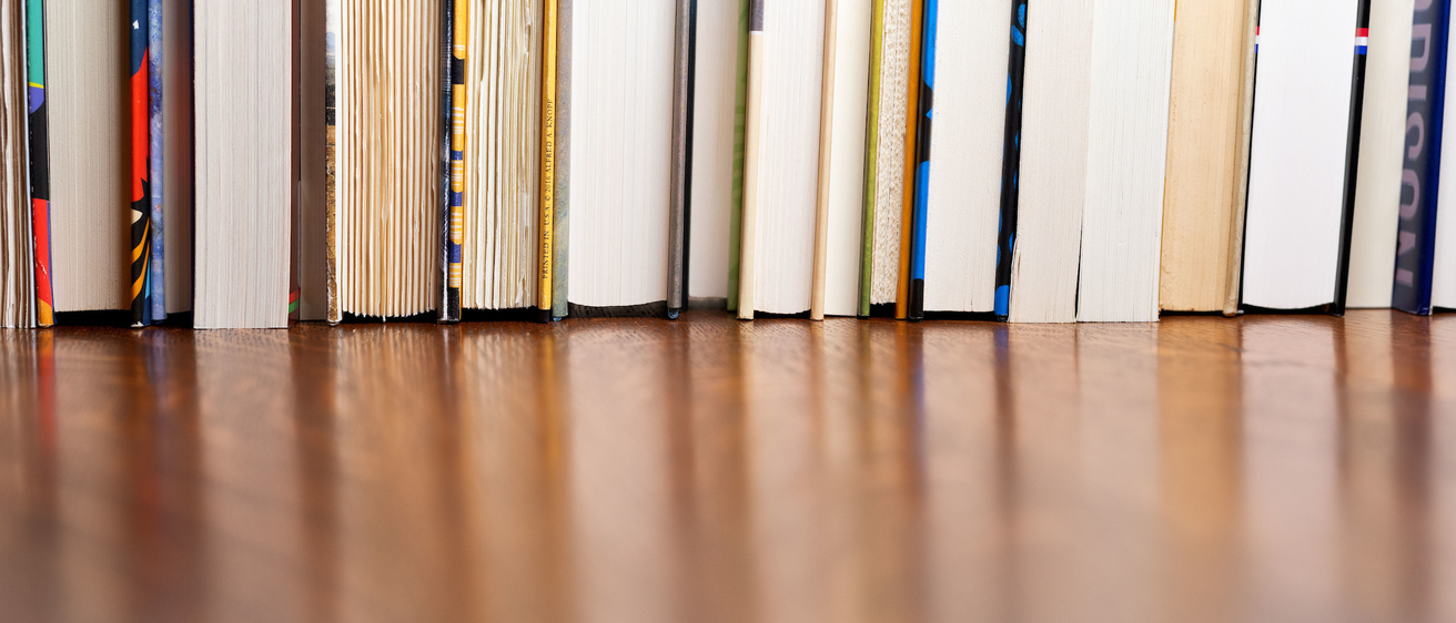 a row of books with the page side facing out.